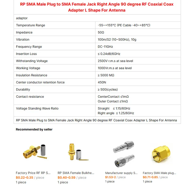 RP SMA Male Plug to SMA Female Jack Right Angle 90 Degree RF Coaxial Coax Adapter L Shape for Antenna