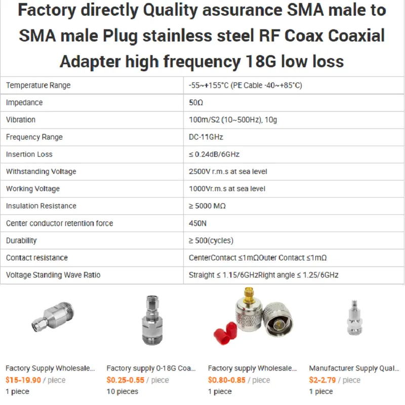 SMA Male to SMA Male Plug RF Coax Coaxial Adapter High Frequency 18G Low Loss RF Microwave Stainless Steel Adaptor