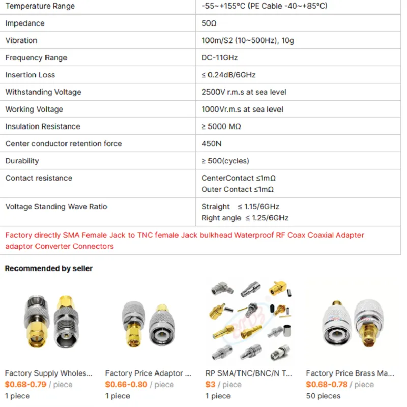 Directly SMA Female Jack to TNC Female Jack Bulkhead Waterproof RF Coax Coaxial Adapter Adaptor Converter Connectors