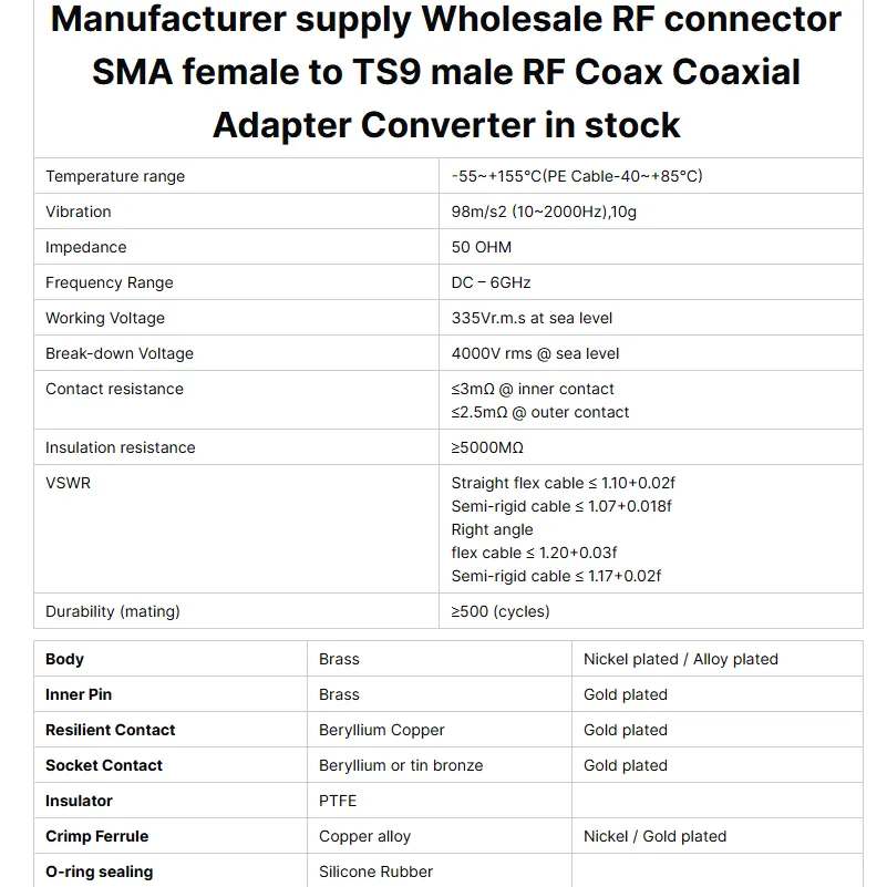 RF Connector SMA Female to TS9 Male RF Coax Coaxial Adapter Converter in Stock