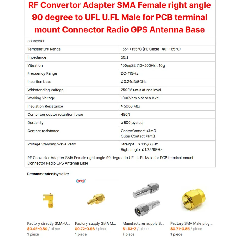 RF Convertor Adapter SMA Female Right Angle 90 degree to UFL U.FL Male for PCB Terminal Mount Connector Radio GPS Antenna Base